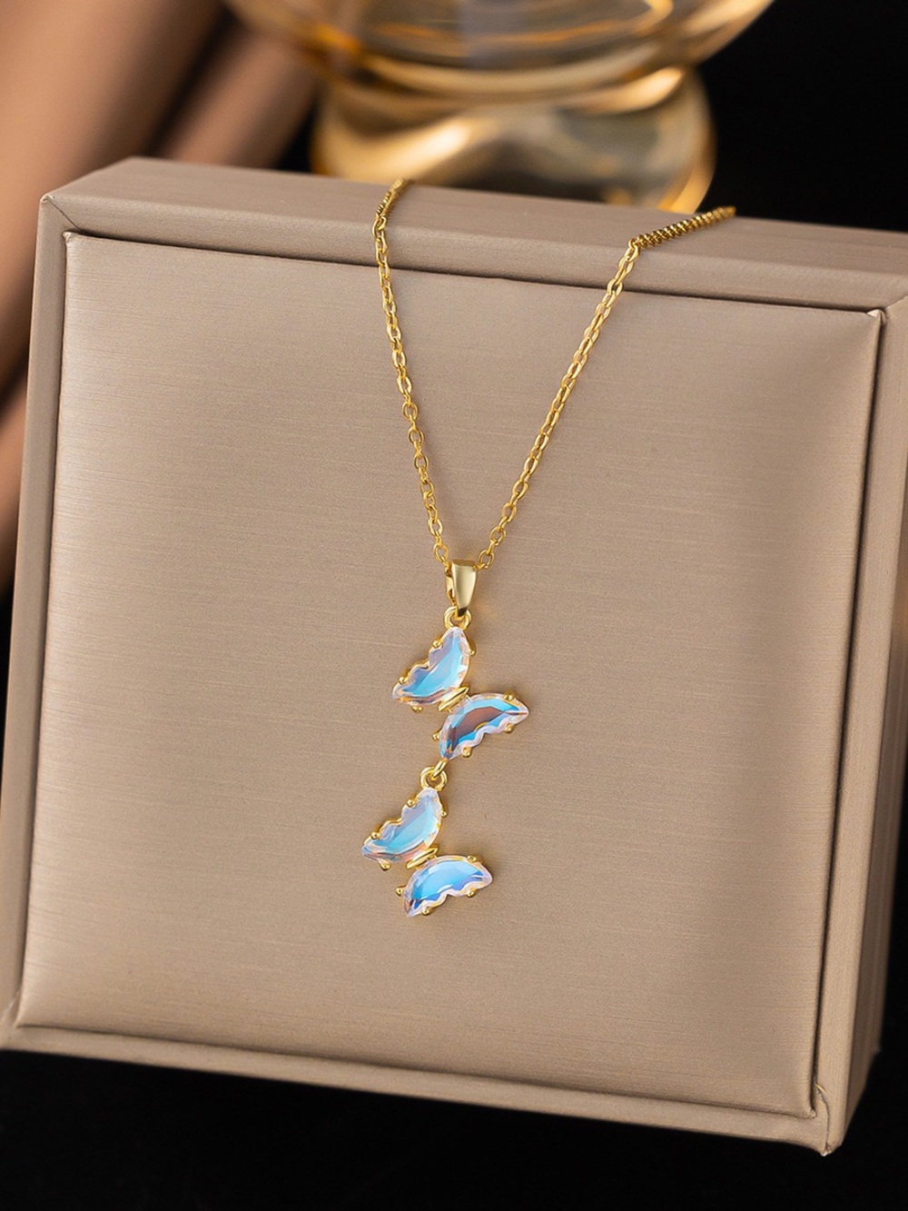 Stainless steel Butterfly Pendant Necklace with Opal-Like Blue Wings